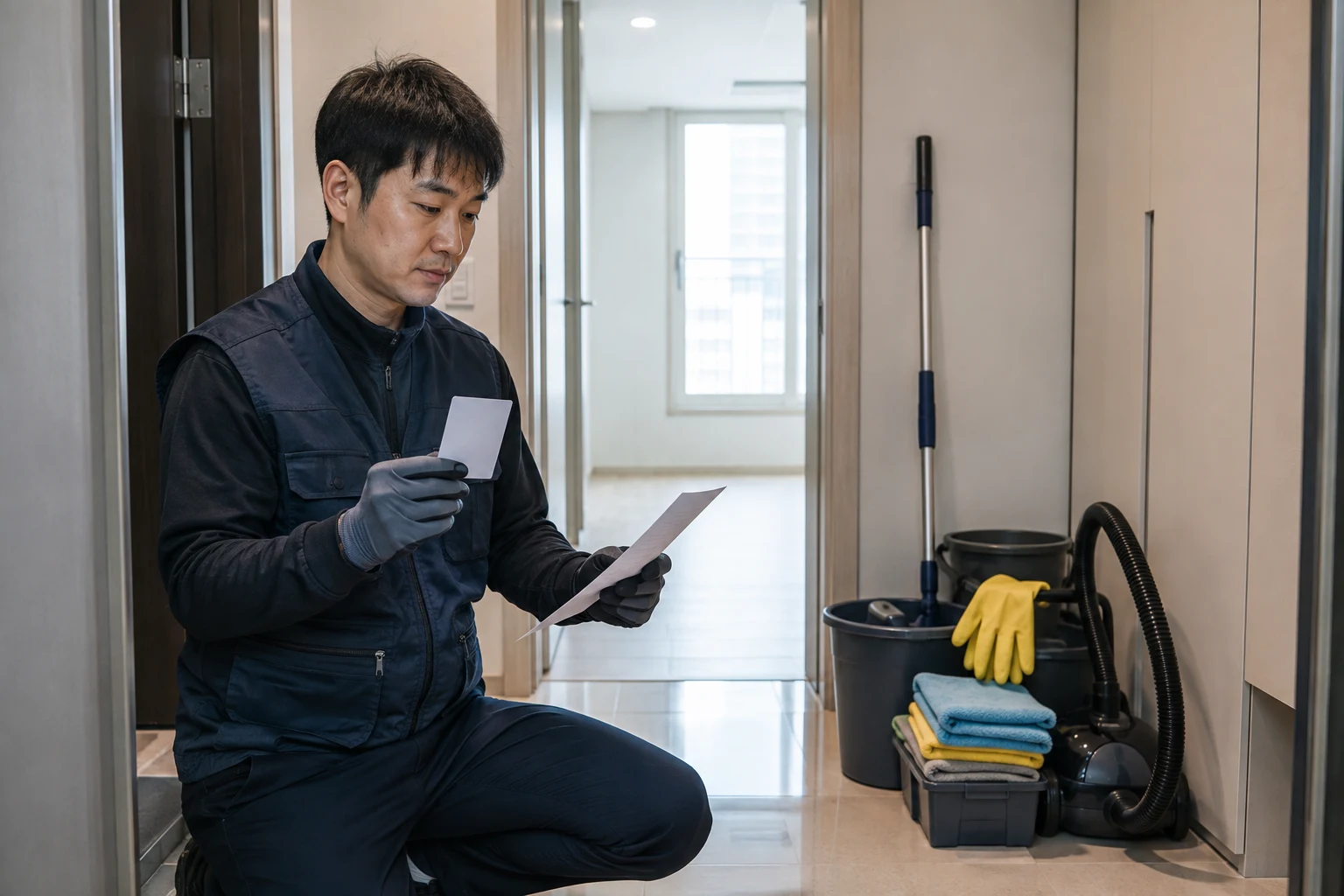 빌트인 수납장과 주방 세밀 청소 장면